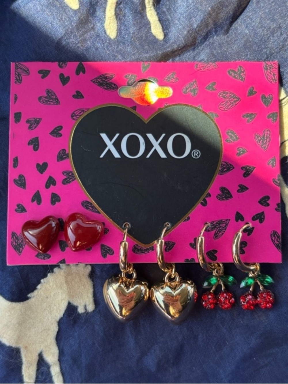 XOXO Earrings Set Red Heart Studs, Gold Puff Hearts & Red Cherry Sparkly Dangles